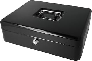 Westcott Lockable Cash Box (large, 30 cm) Black | Lockable cash box made of sheet steel with 2 keys | Removable coin tray with 5 compartments | E-51002 BLACK