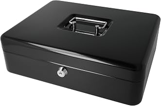 Westcott Lockable Cash Box (large, 30 cm) Black | Lockable cash box made of sheet steel with 2 keys | Removable coin tray with 5 compartments | E-51002 BLACK