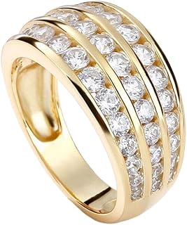 icedout 2 Ct Round Cut Diamond 3 Row Channel Set Half Eternity Wedding Dome Band Engagement Ring For Women 14K Yellow Gold Plated 925 Sterling Silver Handmade Stackable Anniversary Ring Gift For Her
