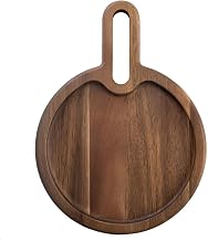 TableCraft 11524 Acacia Collection Snack Tray, 11" x 8" x 3/4" Overall, Round, with Handle, Wood
