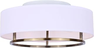Canarm Ltd. Sonoma Crest 2-Light Flush Mount Ceiling Light, 15-Inch White Fabric Drum Shade with Gold Finish, Damp Rated Modern Lighting for Bedroom, Hallway or Entryway