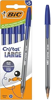 BIC Cristal Large Ballpoint Pen with Wide Tip (1.6mm) for Easy Readability - Blue Ink (Pack of 5)