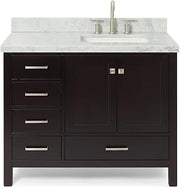 ARIEL Cambridge A043SRCWRVOESP 43" Inch Single Right Offset Rectangular Sink Solid Wood Espresso Bathroom Vanity with 1.5" Inch Edge White Carrara Marble Countertop