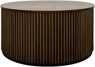 Furnifact Mango Wood Round Coffee Table with Brass-Groove Metal Frame, Transitional Circle Center Tables for Living Room or Office, Black Honed, Brass