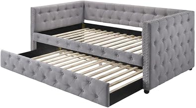 Furnifact Gray Upholstered Twin Daybed with Trundle, Modern Classic Design