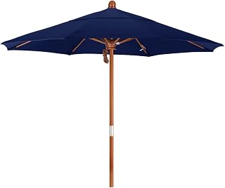 California Umbrella 7.5' Round Hardwood Frame Market Umbrella, Stainless Steel Hardware, Push Open, Pacifica Navy Blue