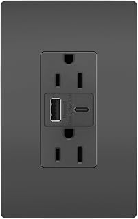 Legrand Pass & Seymour Radiant 15 Amp Wall Power Outlet with 3.1 Amp USB Charger, Black, with Matching Wall Plate