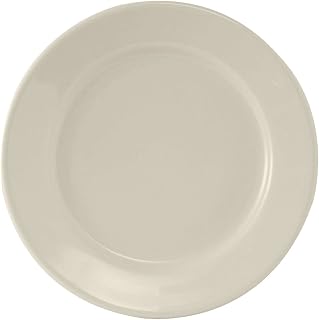 Tuxton China TRE-052 Plate, 10" Diameter, Round, Wide Rim, Rolled Edge, Microwave and Dishwasher Safe, Oven Proof, Fully Vitrified, Ceramic, Reno, American White/Eggshell, Pack of 12