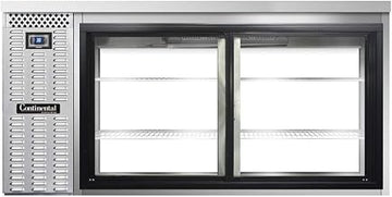 BBC69S-SS-SGD-PT Two Section Sliding Glass Door Refrigerated Pass-Thru Back Bar Cooler, 69" W x 34-3/4"H, Stainless Steel Exterior & Shallow Depth