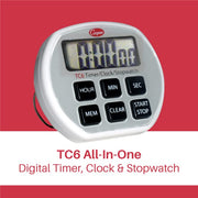 Atkins Digital Timer / Clock / Stopwatch with Splashproof Case by Cooper – 2.75" x 2.375" x .75", Plastic, Silver, Model TC6-0-8