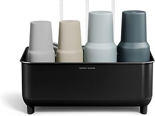simplehuman Bottle Dock, Fast Drying Bottle Rack with Steel Frame & Diatomaceous Earth Base, Three-Compartment Organizer for Tumblers, Caps & Straws, Built-in Straw Holder, Matte Black