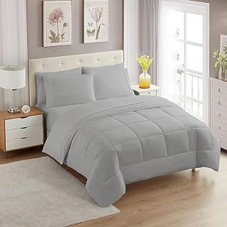 Silver Kingsize 5 Piece Box Stitched Comforter Set 500 GSM Super Soft & Cozy Bedding Quilted 100% Egyptian Cotton Duvet Insert with Corner Tabs (1 Comforter + 4 Pillowshams)