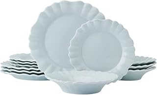 Pfaltzgraff Graceful Petals 12 Piece Stoneware Dinnerware Set, Service for 4, Scalloped Plates Bowls for Everyday Use, Blue