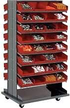 Global Industrial Double-Sided Mobile Rack, 16 Shelvs with (64) 8"W Red Bins