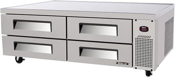 Super Deluxe Chef Base Refrigerator, Self-cleaning Condenser Device, (4) Durable Drawers With Recessed Handle, 15.1 Cu. Ft., 48 Pan Capacity (1/6 Size), 16 Ga. Stainless Steel One-piece Reinforced Insulated Top, Stainless Steel Front & Sides, Oversized Compressor, Side Mounted Self-contained Refrigeration System, 5" Casters, 1/4 Hp, 115v/60/1, 4.5 Amps, Nema 5-15p, Cetlus, Nsf 7