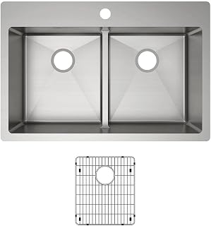 Elkay Crosstown ECTSRA33229TBG1 Equal Double Bowl Dual Mount Stainless Steel Kitchen Sink Kit with Aqua Divide