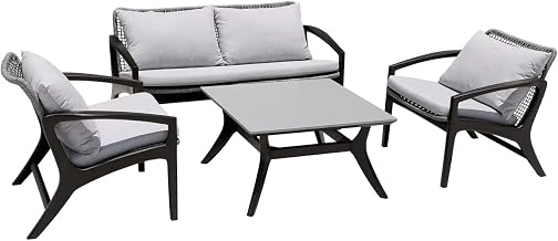 Armen Living Beckham Outdoor Chair in Dark Eucalyptus Wood and Gray Rope with White Cushions