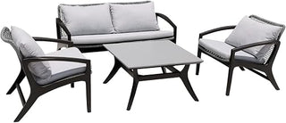 Armen Living Beckham Outdoor Chair in Dark Eucalyptus Wood and Gray Rope with White Cushions