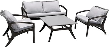 Armen Living Beckham Outdoor Chair in Dark Eucalyptus Wood and Gray Rope with White Cushions