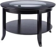 Furnifact Solid Wood Coffee Table with Glass Inset and Open Lower Shelf, Wooden Cocktail Table for Living Room, Small Coffee Tables, Espresso