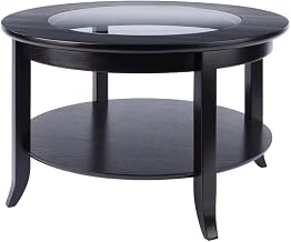 Furnifact Solid Wood Coffee Table with Glass Inset and Open Lower Shelf, Wooden Cocktail Table for Living Room, Small Coffee Tables, Espresso