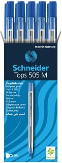 Schneider Tops 505 M (Medium) Ballpoint Pen, 1.0 mm, Transparent Barrel, Blue Ink, Box of 10 Pens (150803)