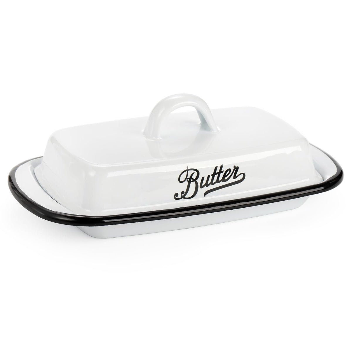 Suwimut Enamel Butter Keeper, White with Black Trim, 7.7 x 4.3 x 2.6 Inches