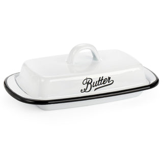 Suwimut Enamel Butter Keeper, White with Black Trim, 7.7 x 4.3 x 2.6 Inches