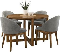 Lilola Home Andrew 5-Piece Round Dining Set with 47-inch Walnut Finish Table and 4 Light Gray Fabric Chairs, Mid-Century Modern Dining Table Set for 4
