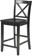 Furnifact Black Counter Stool with X-Back Design, Vietnamese Mahogany Wood Seat, 24-Inch Height, Durable Finish, Stylish Seating for Kitchen and Bar Area