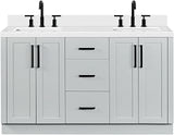 ARIEL Loren 60-inch Bathroom Vanity with Sink,Solid Wood, 1.5-inch Pure White Quartz Countertop, Double Rectangular Porcelain Sink, 4 Soft Closing Doors, 3 Dovetail Drawers, Grey