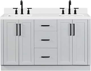 ARIEL Loren 60-inch Bathroom Vanity with Sink,Solid Wood, 1.5-inch Pure White Quartz Countertop, Double Rectangular Porcelain Sink, 4 Soft Closing Doors, 3 Dovetail Drawers, Grey