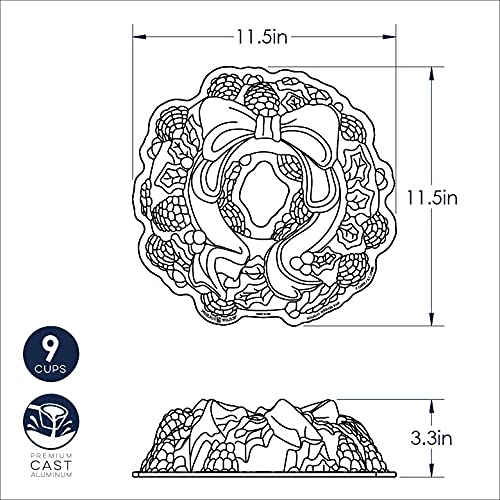 Platinum Holiday Wreath Bundt Pan by Nordic Ware – Small, 9.0 cups, Aluminum, Silver, Model 85348