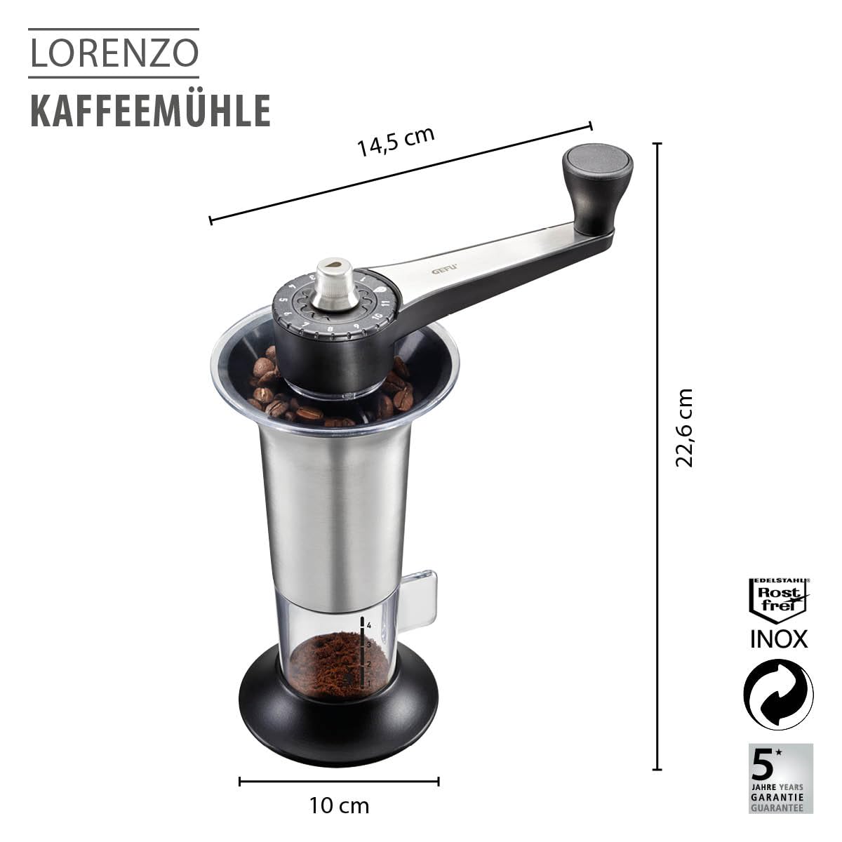Handheld Coffee Grinder with Adjustable Ceramic Grinding Gear by GEFU – 14 x 5 x 5 cm, 4 cups, Stainless Steel, Black, Model 16330
