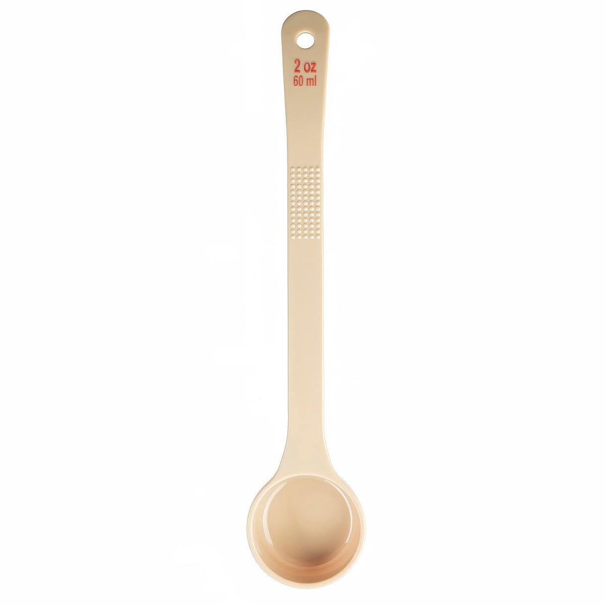 Spoonout, 2 oz., 12.125" x 2.5" x 1", Solid, Long Handle with red Capacity Markings (oz/ml), Polycarbonate, Beige, NSF by Tablecraft – In Description, Check Images, Model 10644