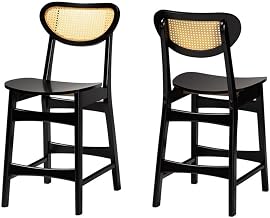 Hesper MID-Century Modern Dark Brown Finished Wood and Rattan 2-PIECE Counter Stool Set, PR