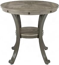 Furnifact Steel and MDF Round Side Table with Nailhead Trim and Lower Shelf, Round End Table Accent Table for Living Room or Bedroom, Pewter Grey