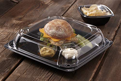 Black 10.7" UltraStack Square Platter with Clear 3" Dome Lid by Sabert – 11", Polyethylene Terephthalate (PET), Black, Pack of 25, Model C9611