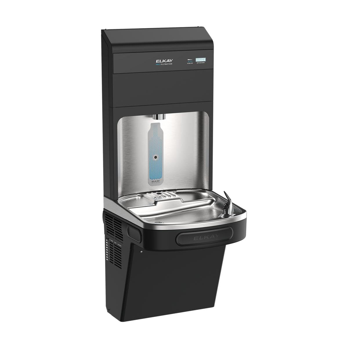 Pro Filtration Bottle Filling Station by Elkay – Twin, 8 gallons, Stainless Steel, Black, Model LZS8WSBPRO-UV