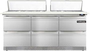 DL72-18C-FB-D Designer Line Sandwich Unit, 72" W, With 18 Pan Top Openings, 19" Cutting Board, Front Breathing & Four Drawers