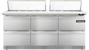 DL72-18C-FB-D Designer Line Sandwich Unit, 72" W, With 18 Pan Top Openings, 19" Cutting Board, Front Breathing & Four Drawers