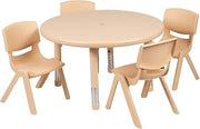 Flash Furniture 33 in Plastic Round Activity Table with 4 Chairs, Natural | Height Adjustable Table, Durable Construction, Commercial Use