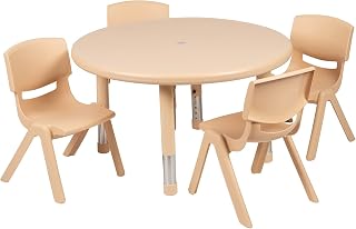 Flash Furniture 33 in Plastic Round Activity Table with 4 Chairs, Natural | Height Adjustable Table, Durable Construction, Commercial Use