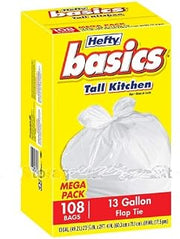 Mega Pack 108 Hefty Basics 13 Gallon Flap Tie Trash Bags