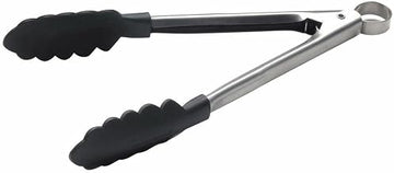 Browne Stainless Steel Twist and Turn Scalloped Tong with Black Nylon Head - 9 1/2"L