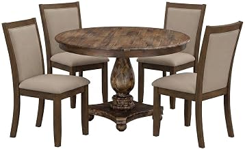 Furnifact Solid Wood Dining Furniture Set with Pedestal Table and Linen-Upholstered High-Back Parson Chairs, Round Dining Table with Chairs, Antique Walnut, 5 Piece