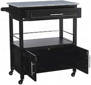 Furnifact Rubberwood Kitchen Cart with Granite Top, Drawer and Cabinet, Rolling Kitchen Island with Storage, Utility Cart on Wheels, Black