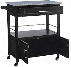 Furnifact Rubberwood Kitchen Cart with Granite Top, Drawer and Cabinet, Rolling Kitchen Island with Storage, Utility Cart on Wheels, Black