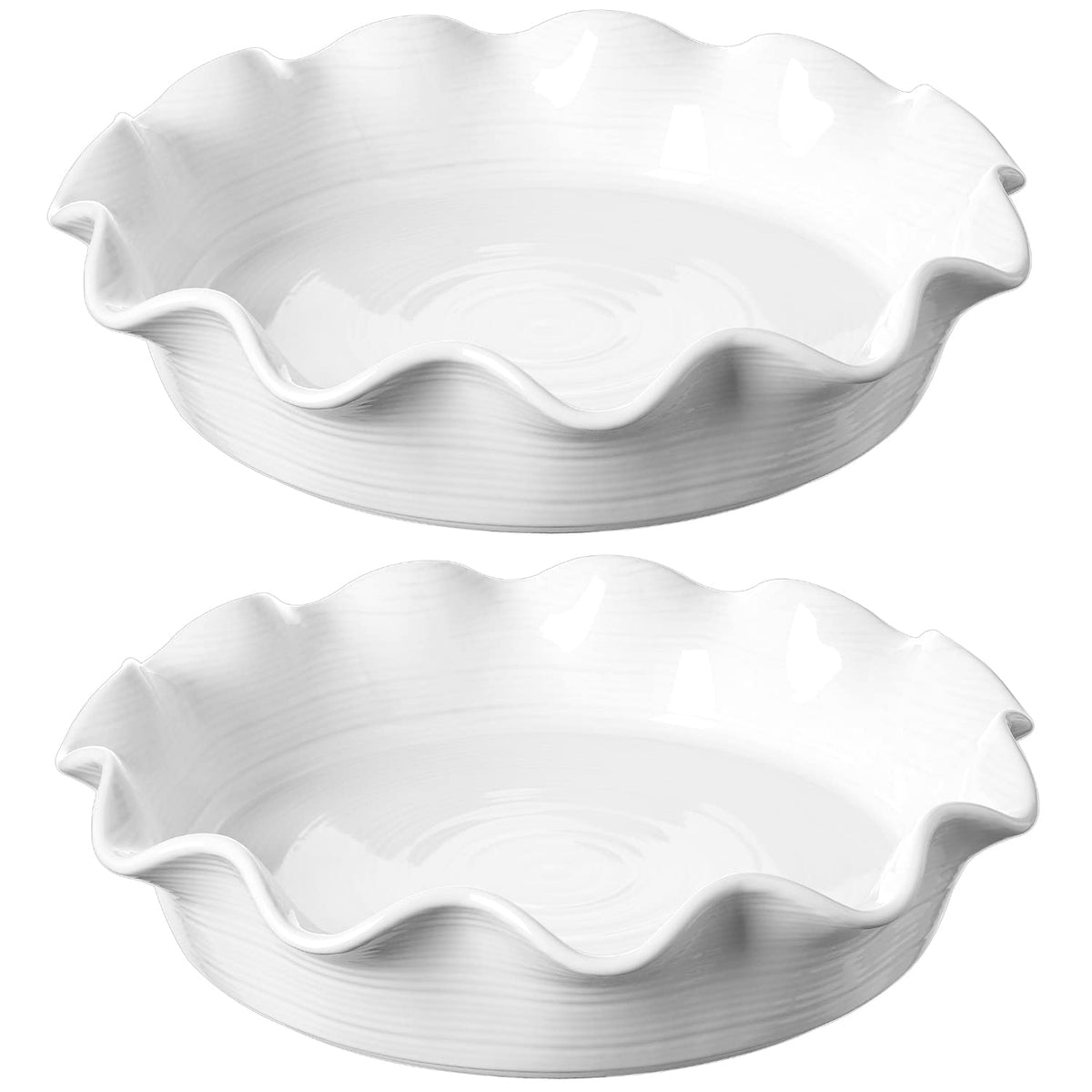 Le Tauci Ceramic Pie Dish, 11 Inch Deep Dish with Ruffled Rim, Set of 2, White
