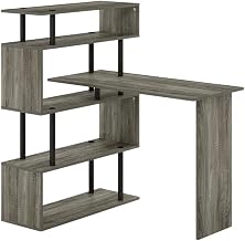 French Oak and Black L-Shape Computer Desk with 5-Tier Shelves, Modern Office Furniture for Home or Workspace